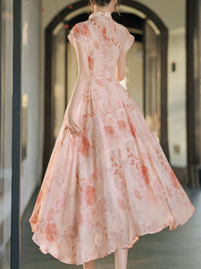 Pink Stand Collar Rose Flower Print Cat's Eye Button Cap Sleeve Cheongsam Dress
