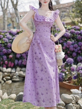 Load image into Gallery viewer, Purple Butterfly Print Shoulder Ruffles Vintage Dress