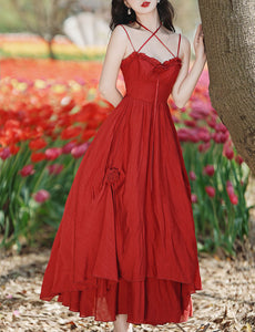 Red Rose Ruffles Spaghetti Strap Irregular Hem Dress