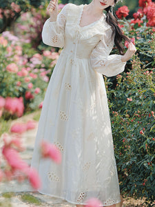 White V Neck Long Sleeved Embroidered Hollow Cotton Dress