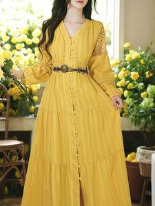 Yellow V-neck Boho Embroidered Bohemian Dress