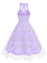 Load image into Gallery viewer, Purple Semi Mesh Rose Embroidered Sleeveless Halter Neck 50S Swing Dress