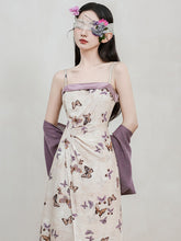 Load image into Gallery viewer, 2PS Purple Butterfly Print Spaghetti Strap Dress With Shawl Dress Suit