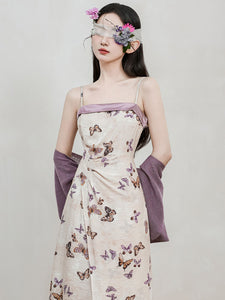 2PS Purple Butterfly Print Spaghetti Strap Dress With Shawl Dress Suit