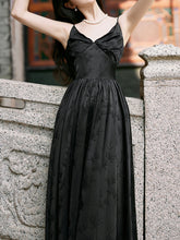 Load image into Gallery viewer, Black Suspender Deep V-neck Satin Backless Maxi Dress Prom Dress With Cape