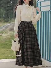 Load image into Gallery viewer, 2PS White Bow Knitted Sweater Top With Plaid Skirt Vintage 1950s Suits