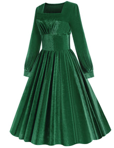 Christmas Green Square Collar Long Sleeve Velvet 1950S Vintage Swing Dress