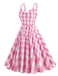 Pink And White Plaid Spaghetti Straps Barbie Retro Swing Dress