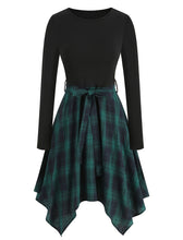 Load image into Gallery viewer, Christmas Green Crew Neck Long Sleeve Plaid 1950S Vintage Swing Dress