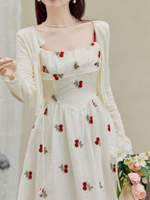 Load image into Gallery viewer, 2PS White Cherry Print Spaghetti Strap Dress With White Shawl Dress Suit