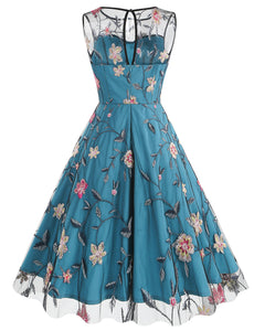 Lake Blue Semi Mesh Rose Embroidered Sleeveless 50S Swing Dress