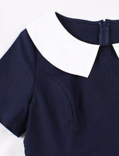Load image into Gallery viewer, Navy Peter Pan Collar 1950s Vintage Swing Dress With Belt