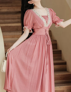 Pink Handmade Rhinestone Lace-up Belt Edwardian Revival Dress