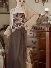 Load image into Gallery viewer, 3PS Brown Floral Tube Top and Slit Skirt 1950s Cardigan Suit