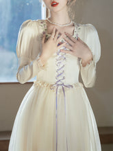 Load image into Gallery viewer, White Square Neck Lavender Embroidered Princess Sleeve Corset Vintage Dress
