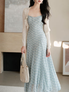 Baby Blue Printed Spaghetti Strap Chiffon Romantic Fishtail Dress and White Cardigan