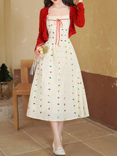 Load image into Gallery viewer, White Cute Cotton Embroidered Dress with Red Cardigan Vintage Suit