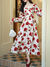 Load image into Gallery viewer, White Sweet Heart Collar Rose Print Long Sleeve Vintage Dress