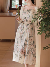 Load image into Gallery viewer, 2PS White Knitted Cardigan With Rose Print Spaghetti Strap 50S Vintage Dress Set