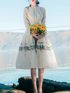 White Lace Collar Floral Embroidered Romantic 1950S Dress