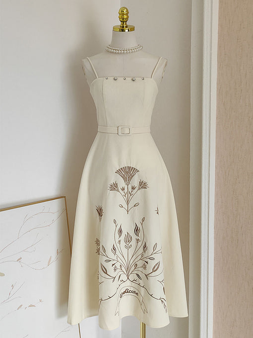 Apricot Embroidered Spaghetti Strap Vintage Dress