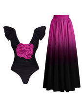 Load image into Gallery viewer, Purple Rose  Ruffles One Piece With Bathing Suit Swing Skirt