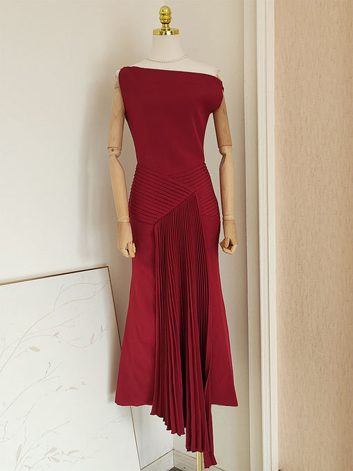 Burgundy Pleated Off-shoulder Maxi Dress