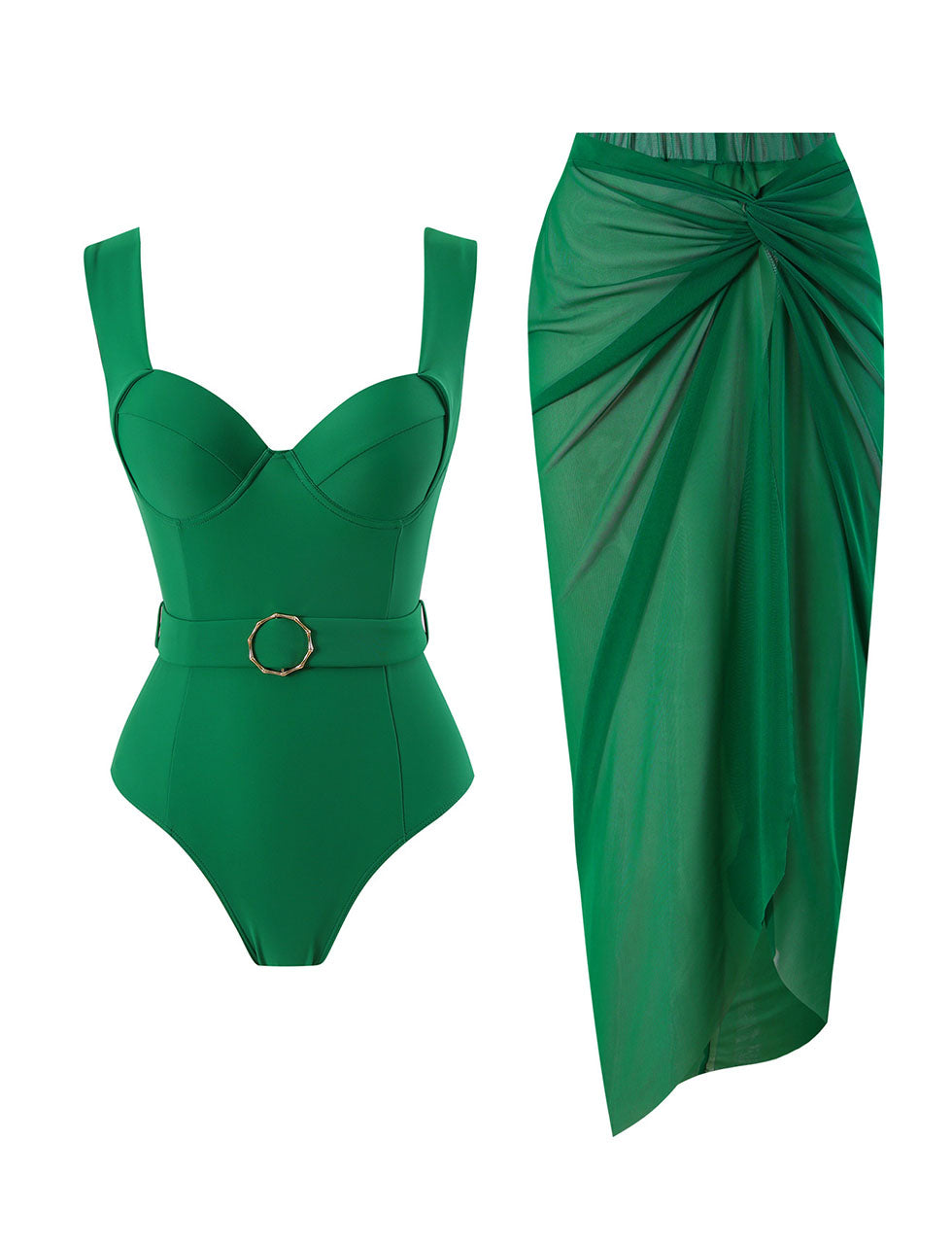 Dark Green Retro Style One Piece With Bathing Suit Wrap Skirt