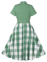 Load image into Gallery viewer, Christmas Green Bow Collar Stripe 1950S Cotton Swing Dress