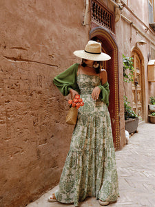 Green Bohemian Floral Print Chiffon Maxi Dress Prom Dress With Cardigan