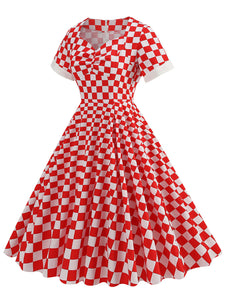 Red Checkerboard Sweet Heart Audrey Hepburn Style Cocktail Swing Dress