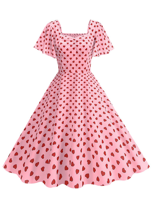 Pink Square Neck Sweet Heart Swing 1950S Vintage Dress