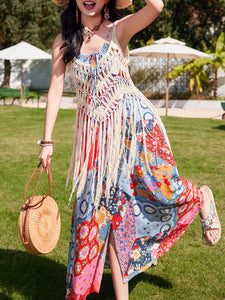 Bohemian Retro Print Strap Boho Maxi Dress with Hollow Crochet Fringe Vest