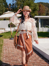 Load image into Gallery viewer, White Hollow Crochet Tassel Top with Brown Suede Irregular Tassel Skirt Boho Outfit