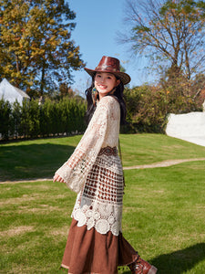 Hollow Crochet Tassel Top with Waistband Brown Corduroy Skirt Bohemian Suit