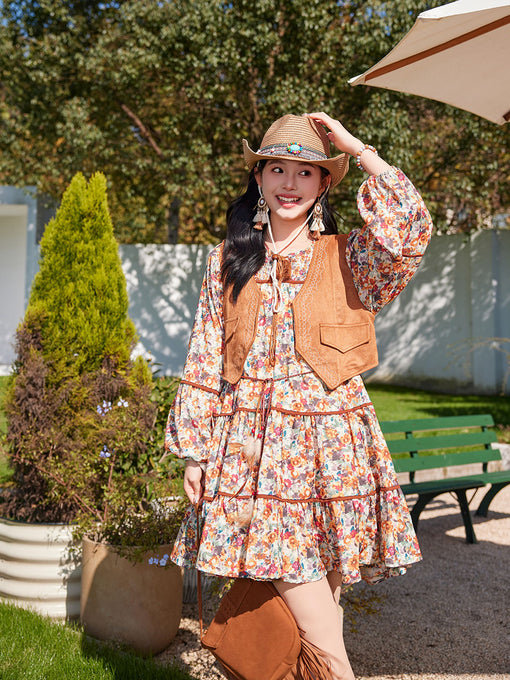 Bohemian Orange Printed Long-sleeved Mini Dress with Suede Embroidered Vest Boho Suit