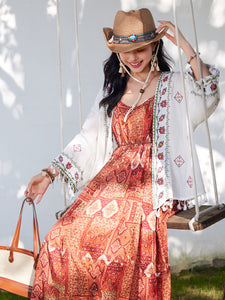 Bohemian Orange Strap Boho Maxi Dress with White Tassel Scarf Shawl