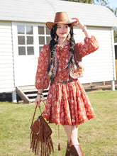 Load image into Gallery viewer, Bohemian Orange Printed Long-sleeved Mini Dress with Suede Embroidered Vest Boho Suit