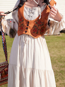 Bohemian White Long-sleeved Cotton Maxi Dress with Suede Embroidered Vest Boho Suit