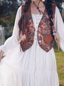 Bohemian White Long-sleeved Cotton Maxi Dress with Suede Embroidered Vest Boho Suit