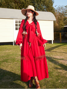 Red Bohemian V Neck Ruffled Lace High Waist Boho Maxi Dress