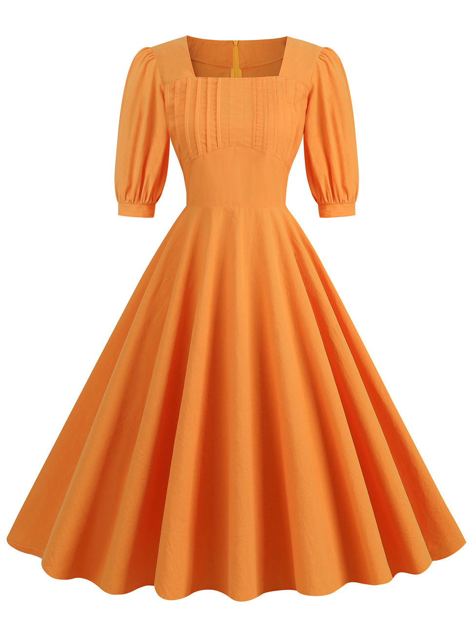 Orange Square Collar Puff Sleeve 1950S Cotton Dress