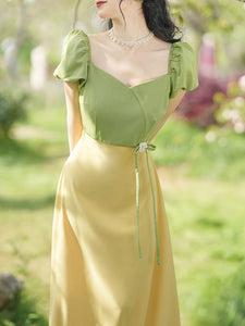 Yellow V Neck Puff Sleeve 1950S Vintage Dress