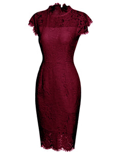 Solid Color Lace High Collar 1960S Bodycon Dress