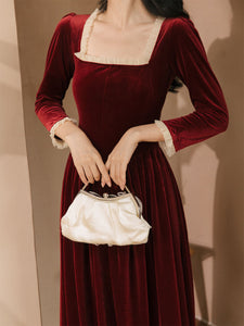 Purple Square Collar White Lace Velvet 1950S Hepburn Style Vintage Dress