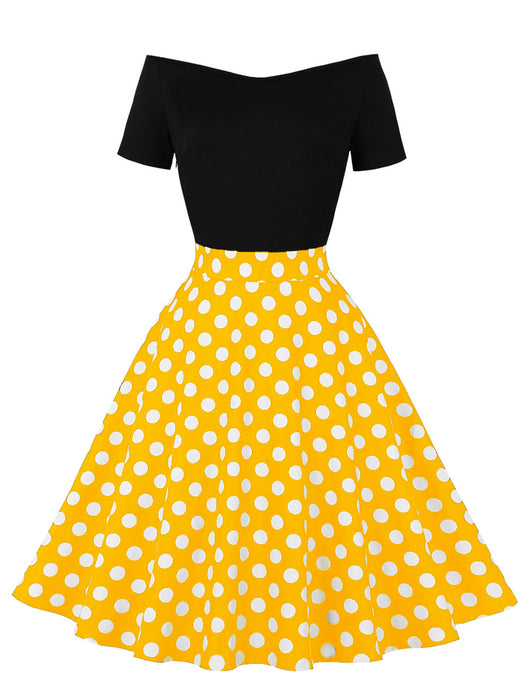 Off Shoulder Polka Dots 1950S Vintage Swing Dress With Button