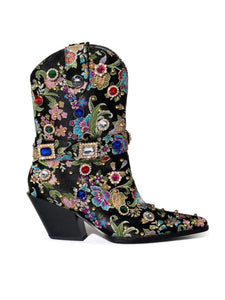 15CM Luxury Embroidered Rivet Chunky High Heel Platform Boot Vintage Shoes