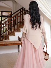 Load image into Gallery viewer, 2 Piece Retro Irregular Bat Sleeve Cape Sweater and Pink Mesh Skirt Set