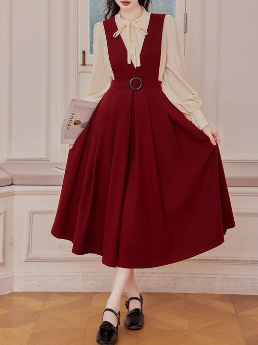 2 Piece Red Angora Retro Suspender Dress with White Bow Shirt