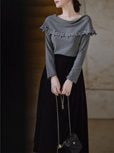 Load image into Gallery viewer, 1950S Vintage Gray Lapel Flower Knit Sweater and Velvet Pleated Skirt Audrey Hepburn&#39;s outfit